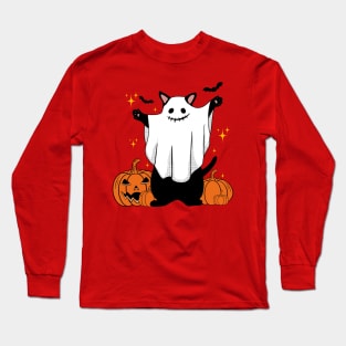 Ghost Cat with Pumpkin Halloween Long Sleeve T-Shirt